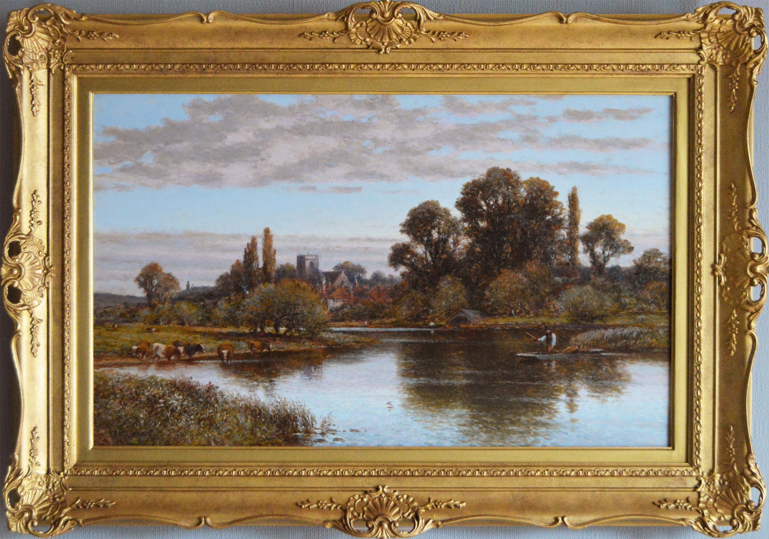 Alfred Augustus Glendening Snr Landscape Painting - 19th Century landscape oil painting of a church by the River Thames