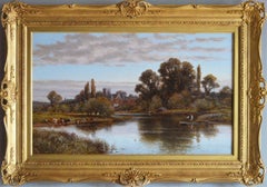Antique 19th Century landscape oil painting of a church by the River Thames