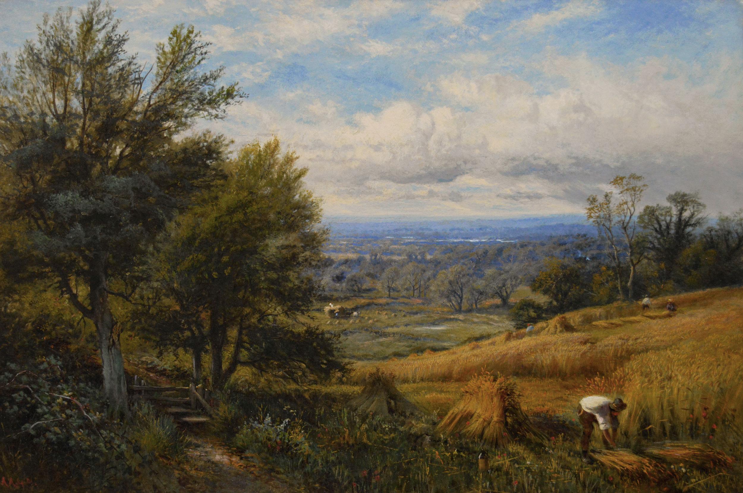 19th Century landscape oil painting of a harvest - Painting by Alfred Augustus Glendening Snr