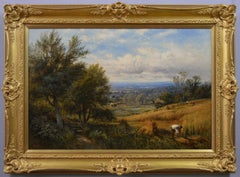 Antique 19th Century landscape oil painting of a harvest