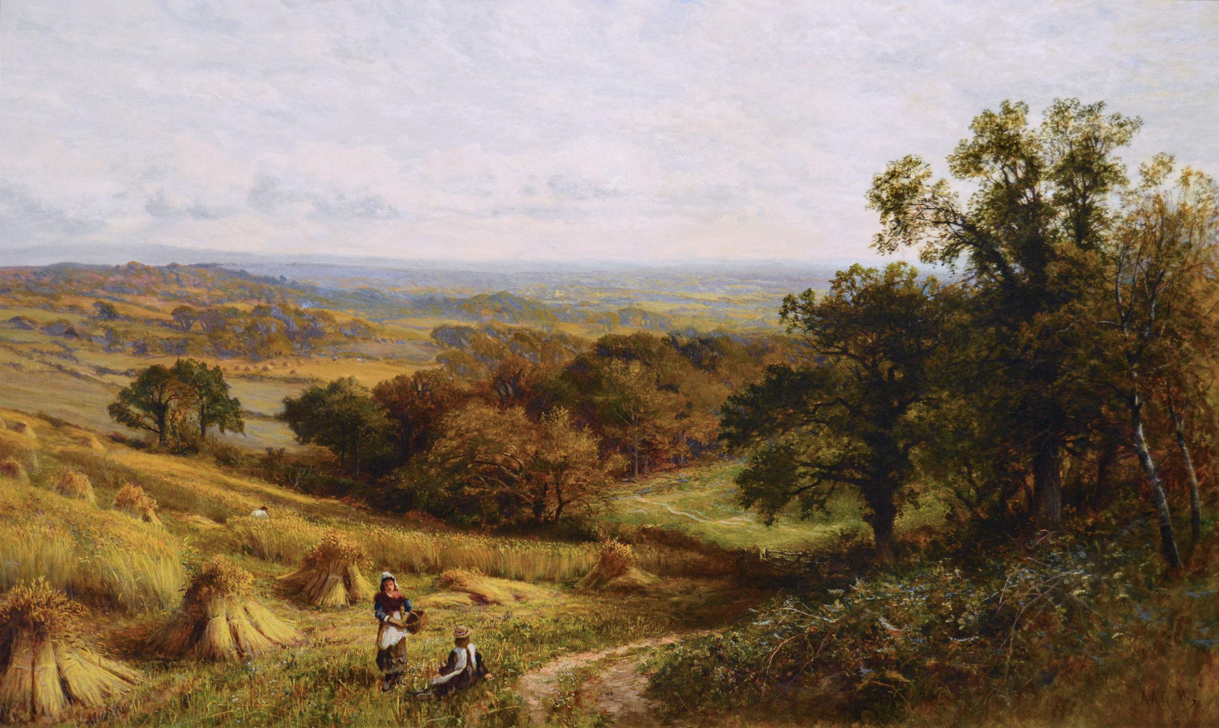 19th Century landscape oil painting of harvesting near Evesham - Painting by Alfred Augustus Glendening Snr