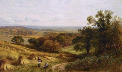 19th Century landscape oil painting of harvesting near Evesham