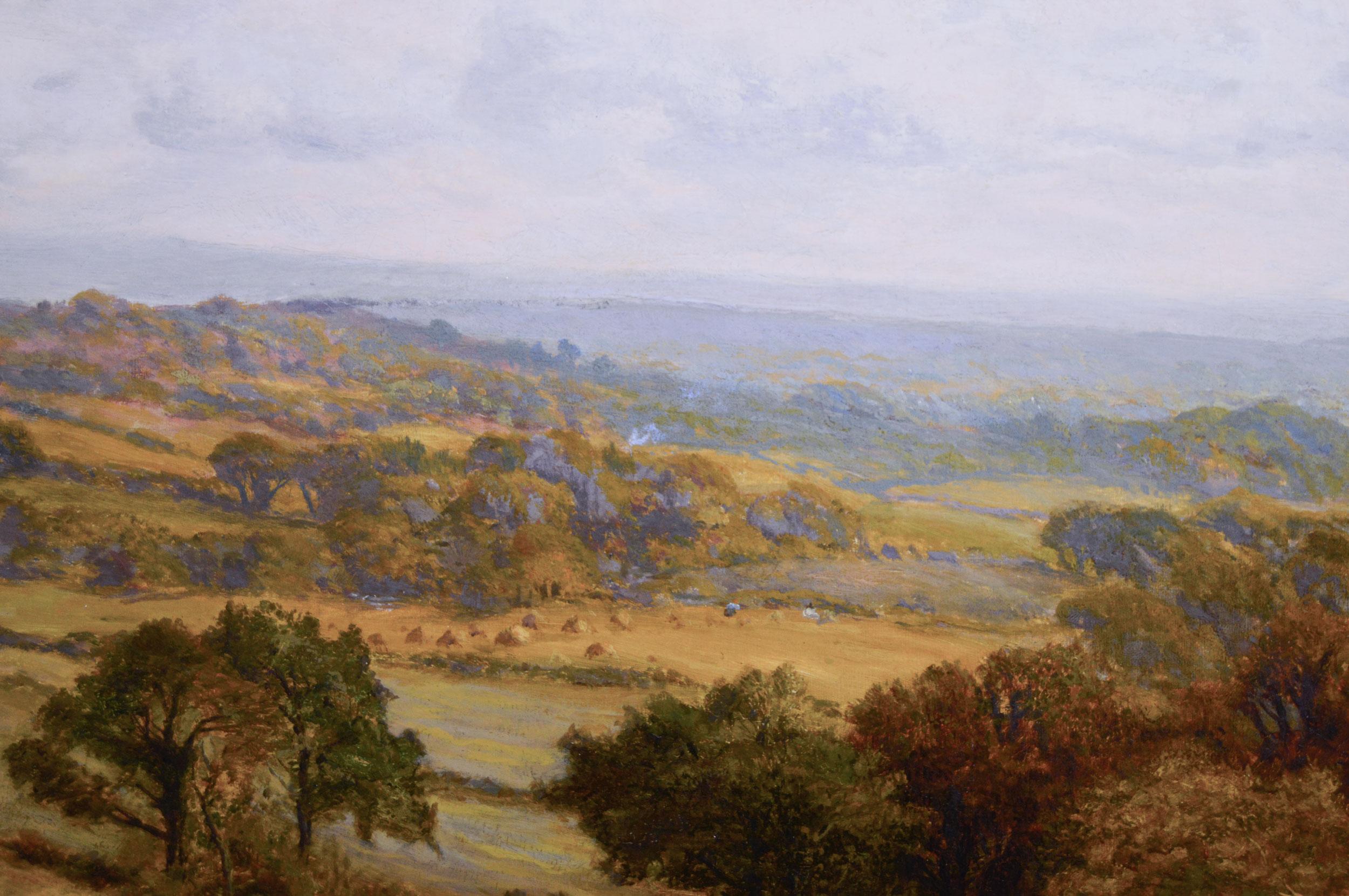 19th Century landscape oil painting of harvesting near Evesham - Brown Landscape Painting by Alfred Augustus Glendening Snr
