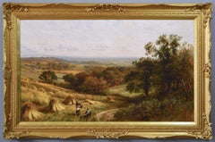 Antique 19th Century landscape oil painting of harvesting near Evesham