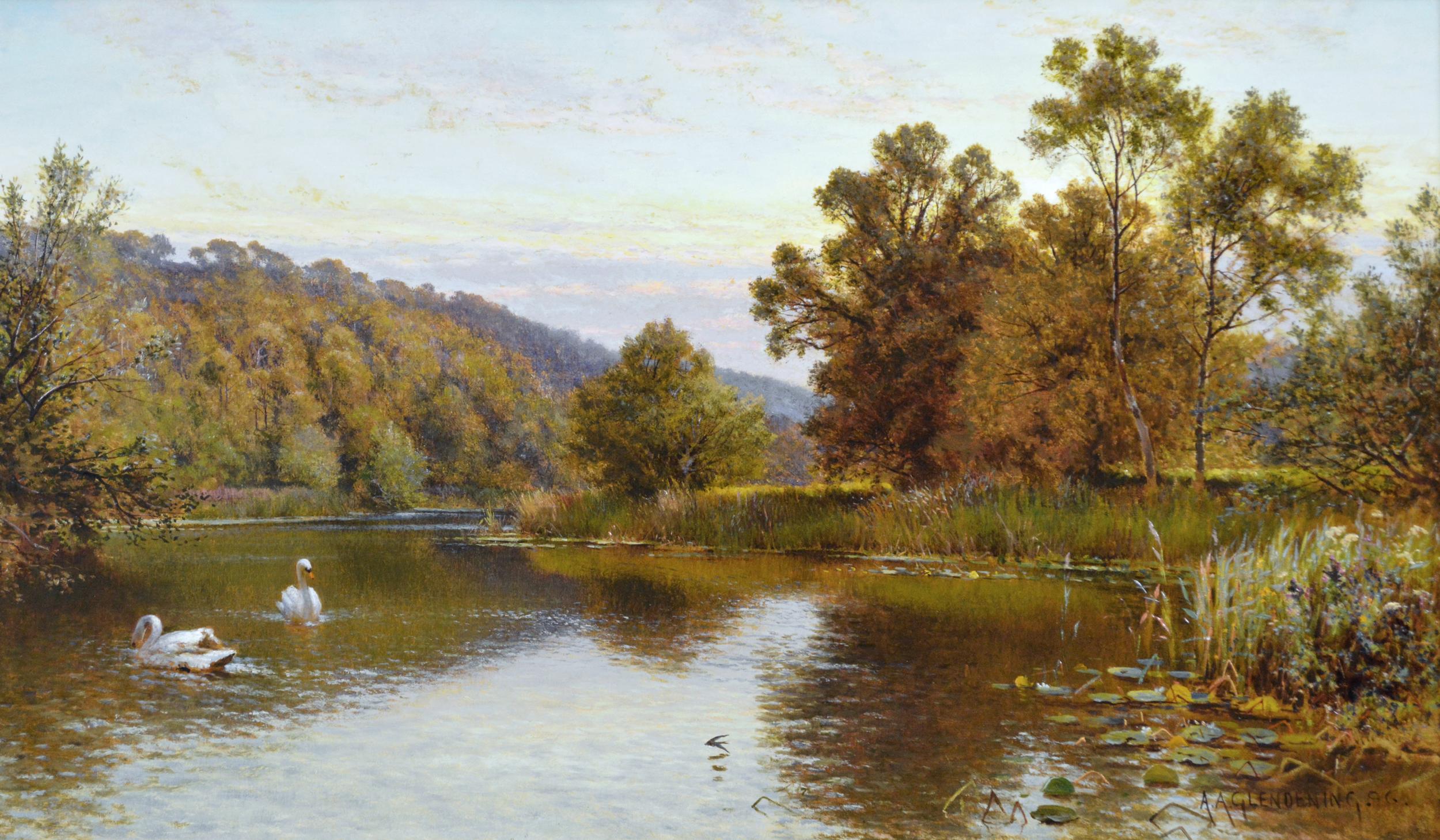 19th Century landscape oil painting of swans on a river  - Painting by Alfred Augustus Glendening Snr