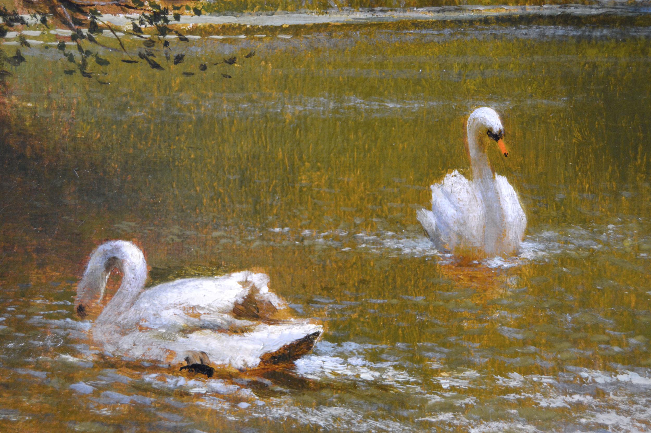 19th Century landscape oil painting of swans on a river  - Victorian Painting by Alfred Augustus Glendening Snr