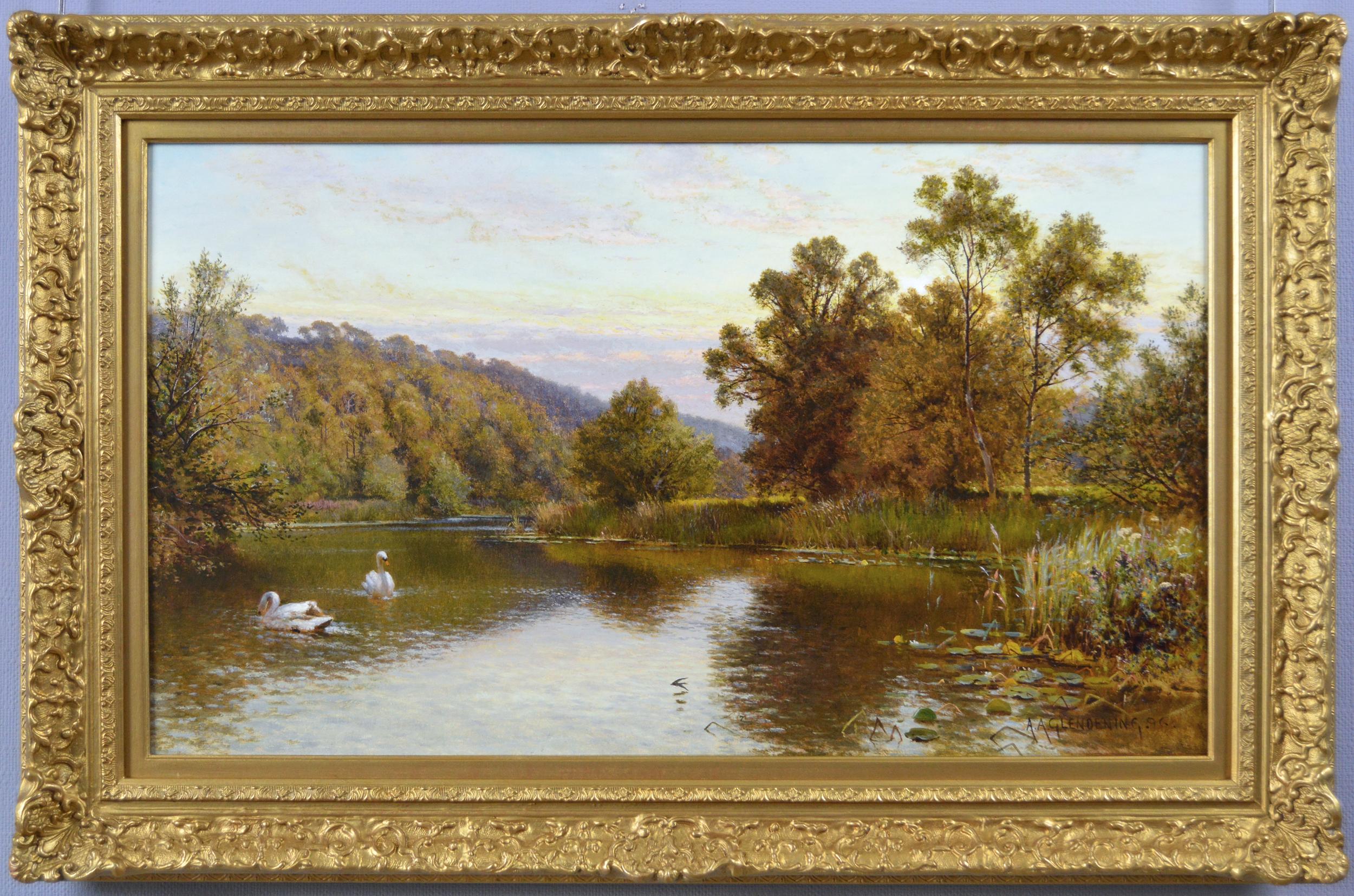 19th Century landscape oil painting of swans on a river 