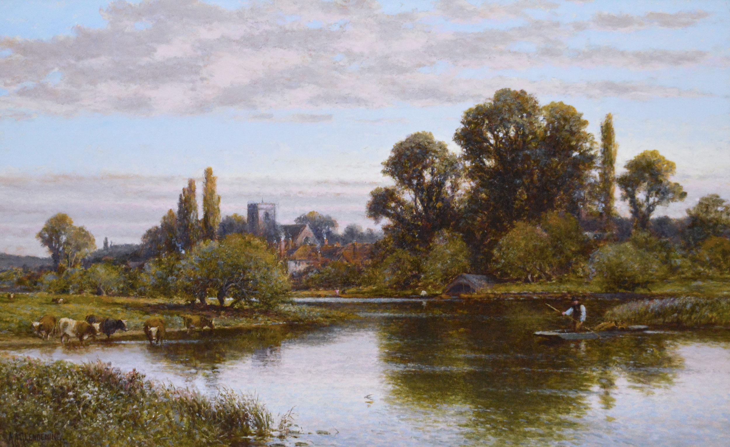 19th Century river landscape oil painting of the Thames at Shepperton - Painting by Alfred Augustus Glendening Snr