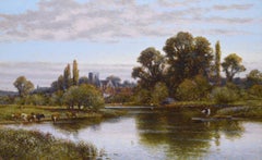 19th Century river landscape oil painting of the Thames at Shepperton