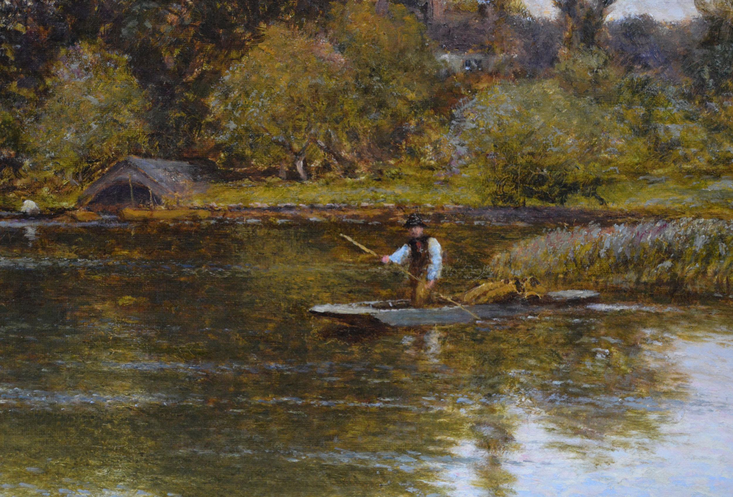 Alfred Augustus Glendening Snr
British, (1840-1921)
The Thames at Shepperton
Oil on canvas, signed
Image size: 16 inches x 26 inches 
Size including frame: 22.5 inches x 32.5 inches
Provenance: N Mitchell, Duke Street, London

A charming river