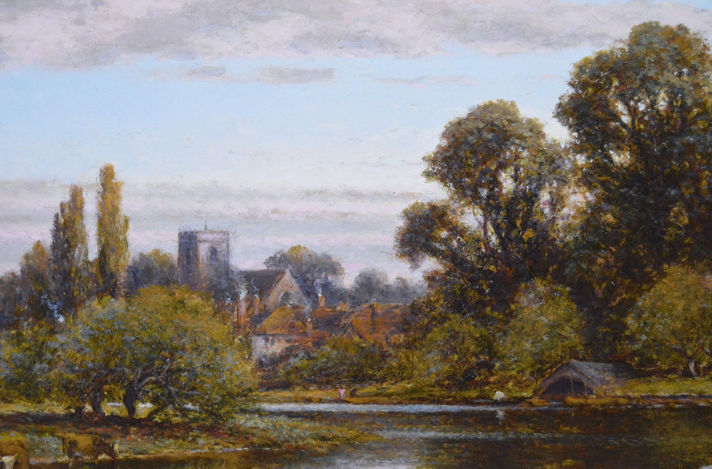 19th Century river landscape oil painting of the Thames at Shepperton For Sale 1