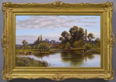 19th Century river landscape oil painting of the Thames at Shepperton