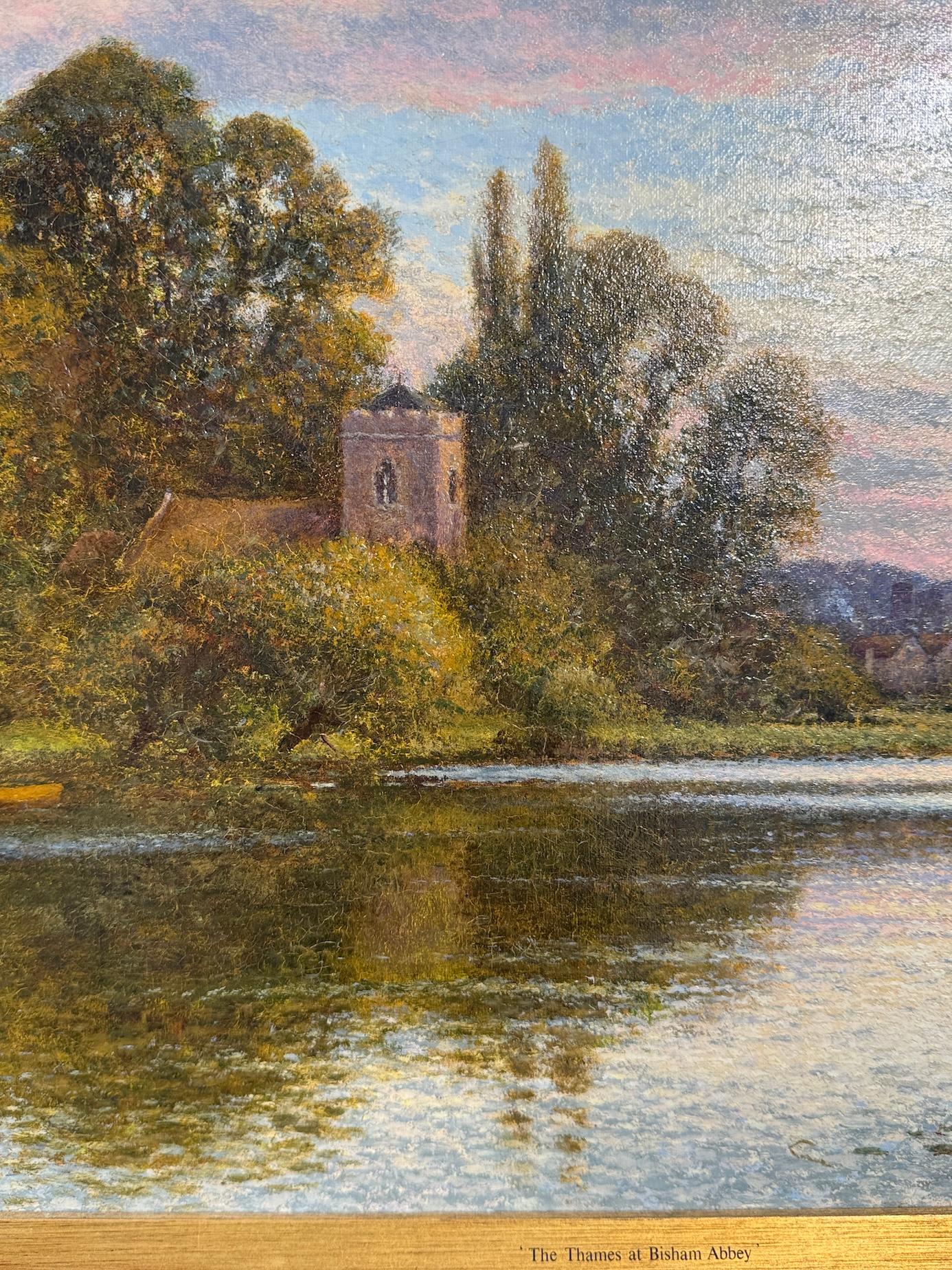 Alfred Augustus Glendening Senior (Englisch, 1840-1921)
Blick entlang der Themse bei Bisham Abbey, Öl auf Leinwand, um 1910

Diese wunderschön beobachtete Flusslandschaft von Alfred Augustus Glendening Senior fängt die sanfte Ruhe der Themse bei