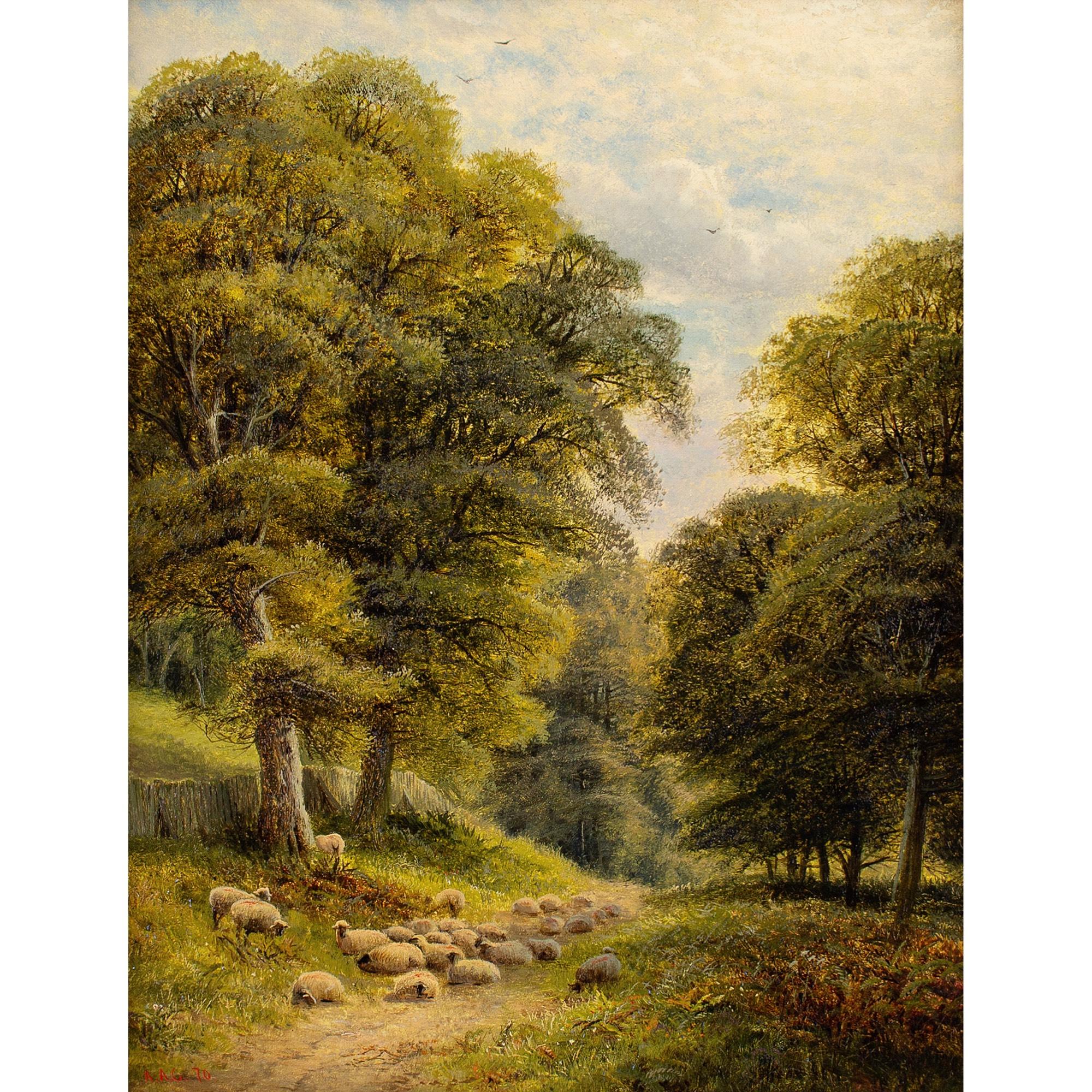 Alfred Augustus Glendening, Paisaje con pista forestal y ovejas - Painting de Alfred Augustus Glendening Snr