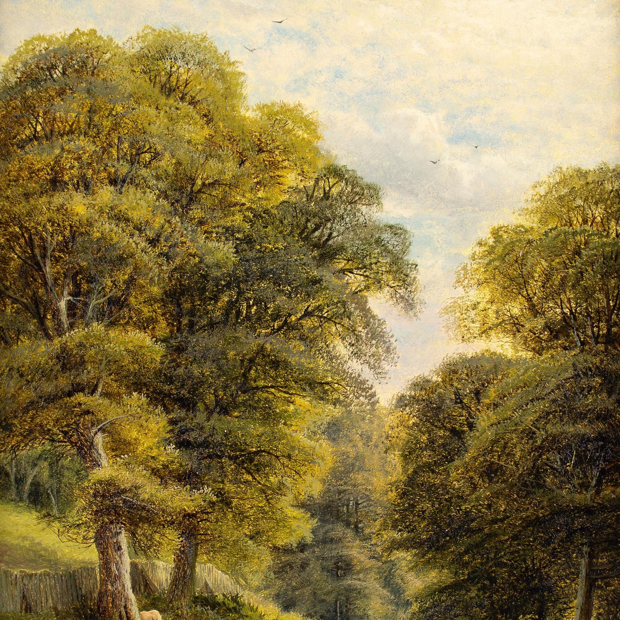 Este encantador óleo de finales del siglo XIX del artista inglés Alfred Augustus Glendening (1840-1921) representa una pintoresca vista de un bosque con ovejas. Glendening fue un destacado pintor de paisajes.

En medio del suave resplandor dorado