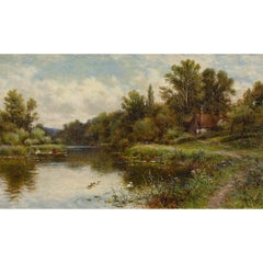 Alfred Augustus Glendening, River Landscape With Cottage & Boatman