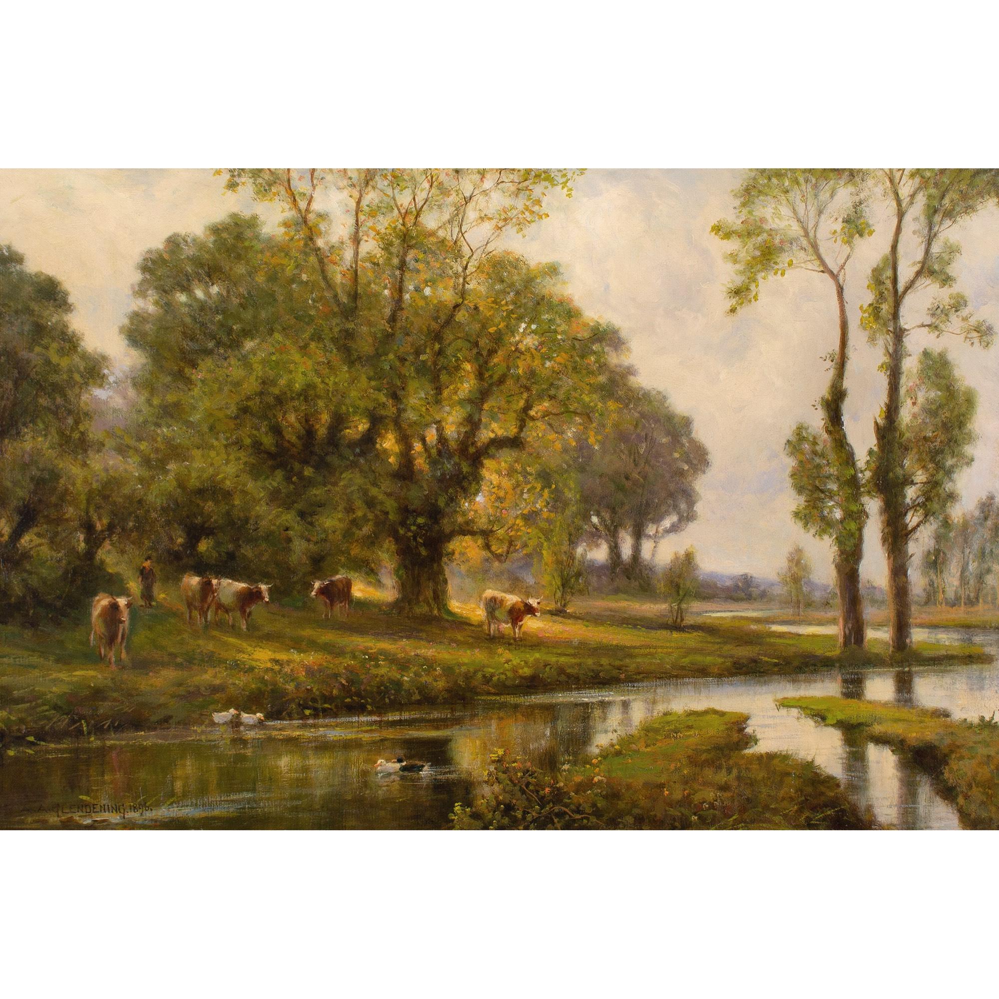 Alfred Augustus Glendening, Sunlit River Landscape With Cattle & Ducks - Painting by Alfred Augustus Glendening Snr