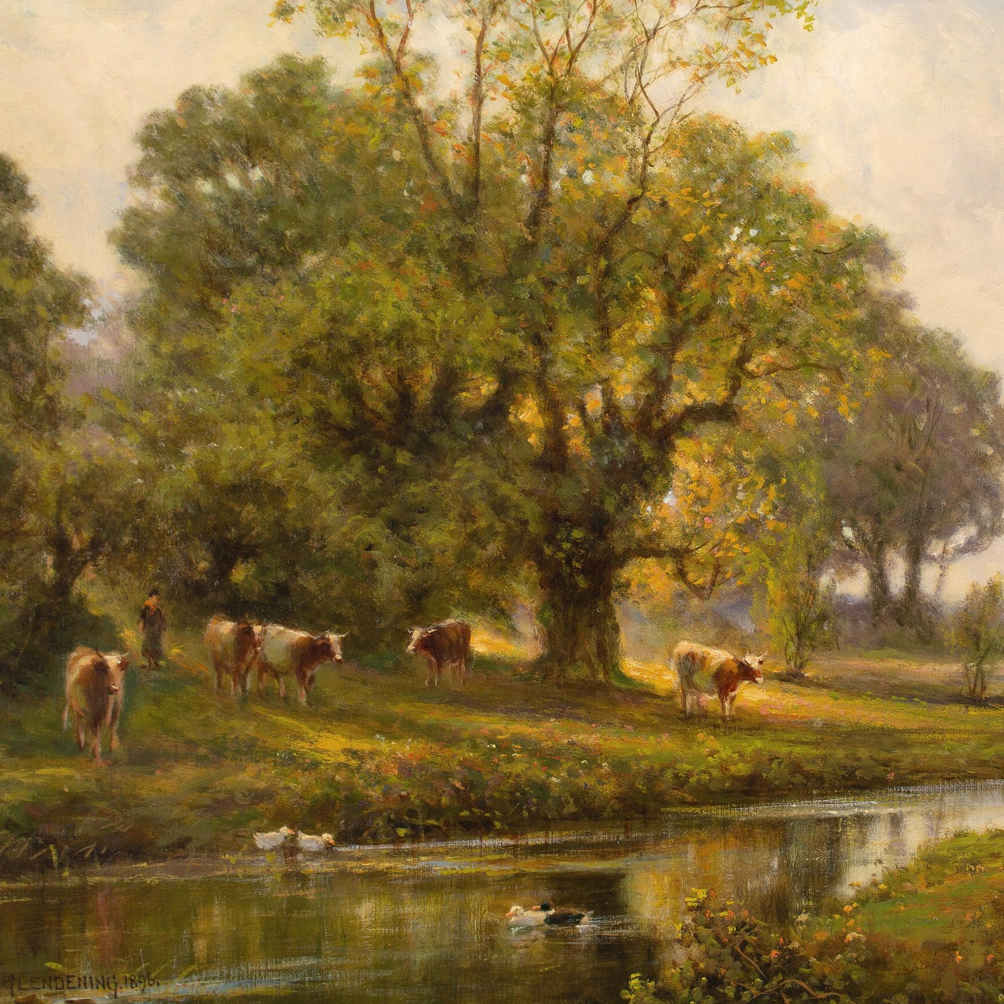 This charming late 19th-century oil painting by British artist Alfred Augustus Glendening (1840-1921) depicts a picturesque river landscape with cattle and ducks.

Born in Hampton on Thames, London, Glendening was raised in an area popular with