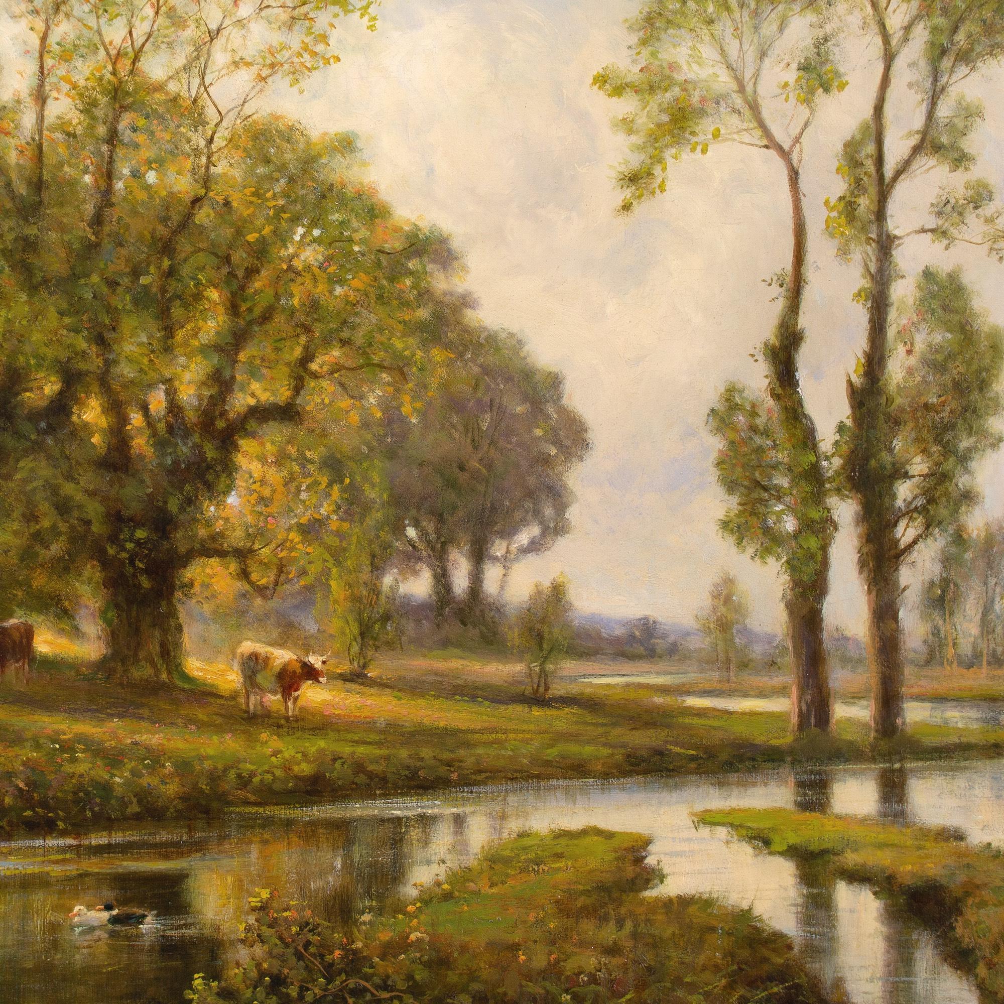 Alfred Augustus Glendening, Sunlit River Landscape With Cattle & Ducks 1