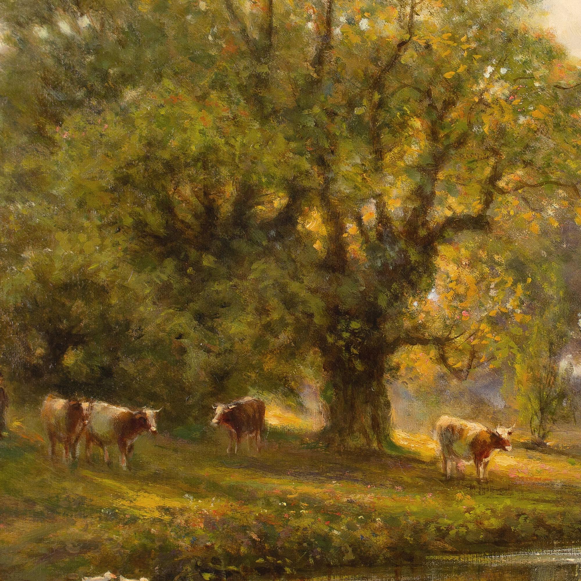 Alfred Augustus Glendening, Sunlit River Landscape With Cattle & Ducks 2