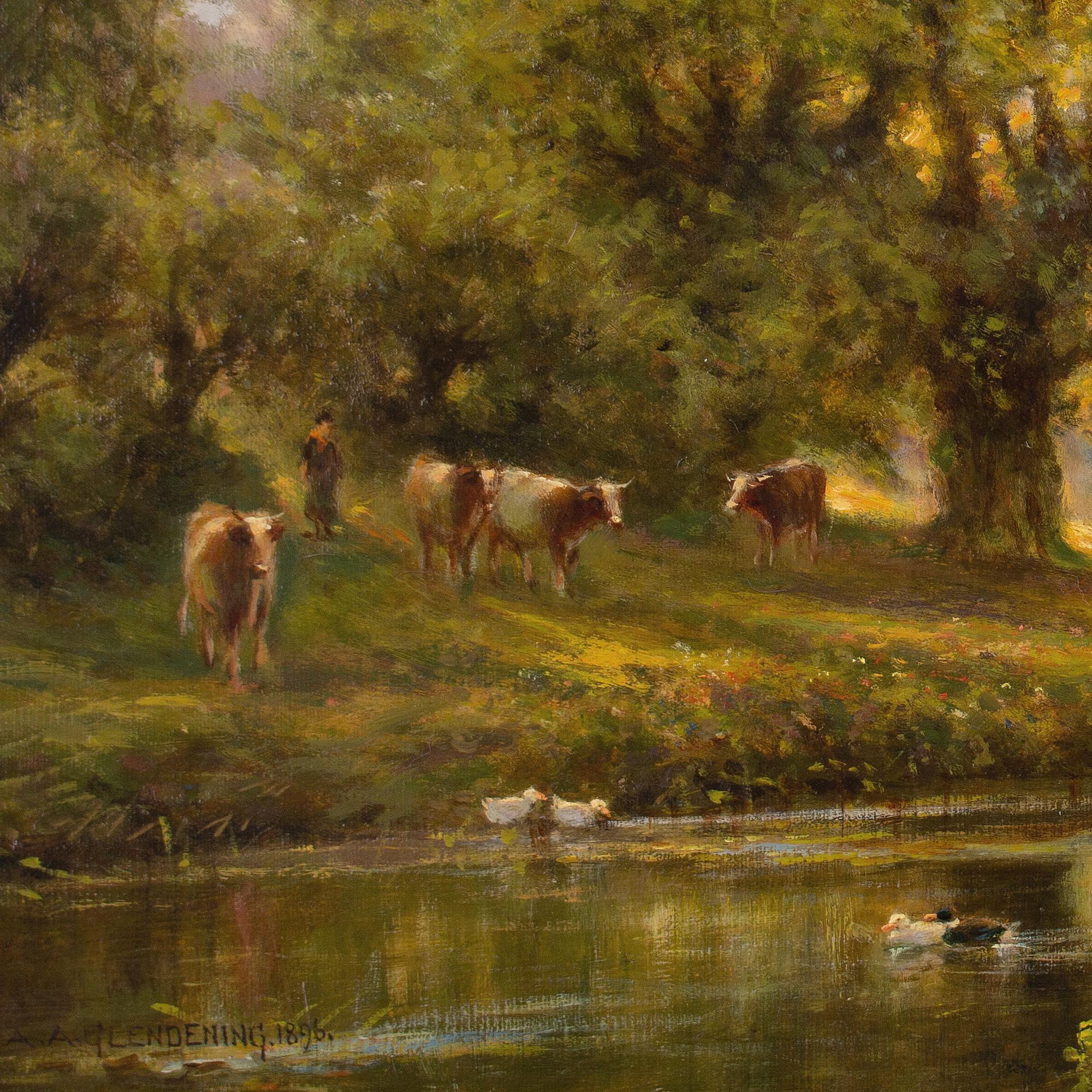 Alfred Augustus Glendening, Sunlit River Landscape With Cattle & Ducks 3