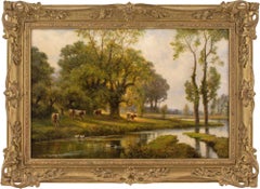 Alfred Augustus Glendening, Sunlit River Landscape With Cattle & Ducks