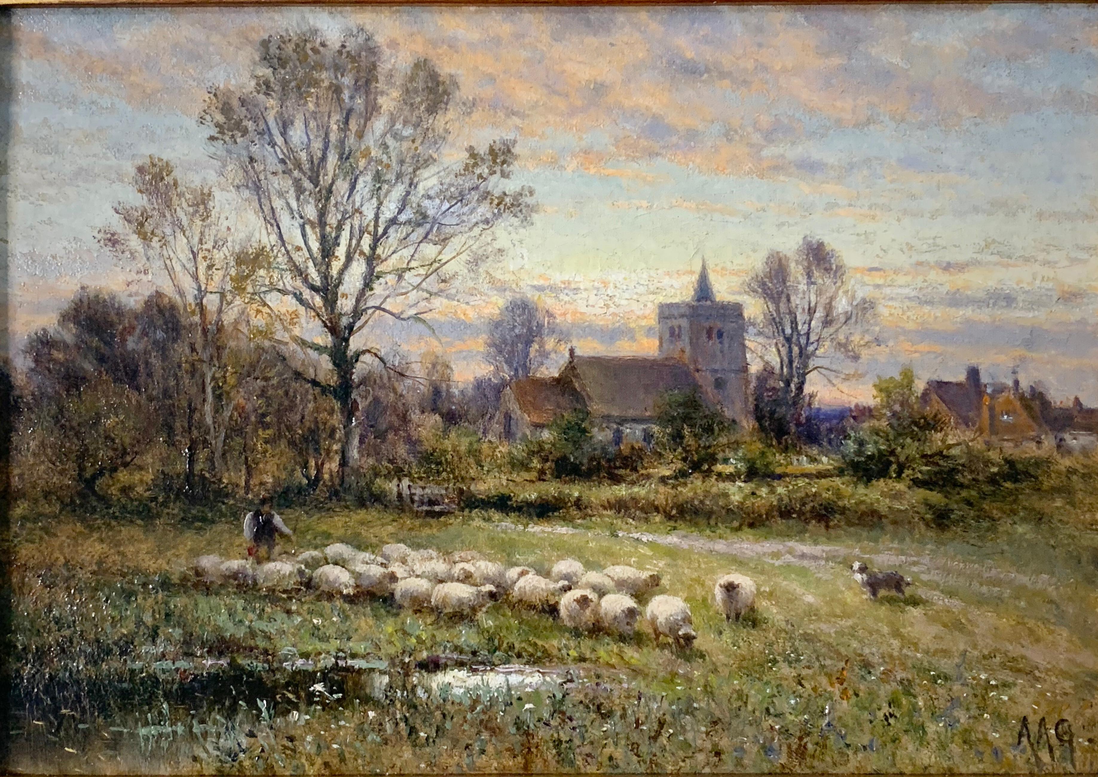 Alfred August Glendening Senior (1840-1910) was famously known for his landscape artworks, some of his famous works of art are of different landscapes across Europe. Here we have the landscape of a village, around springtime, and shown is a shepherd