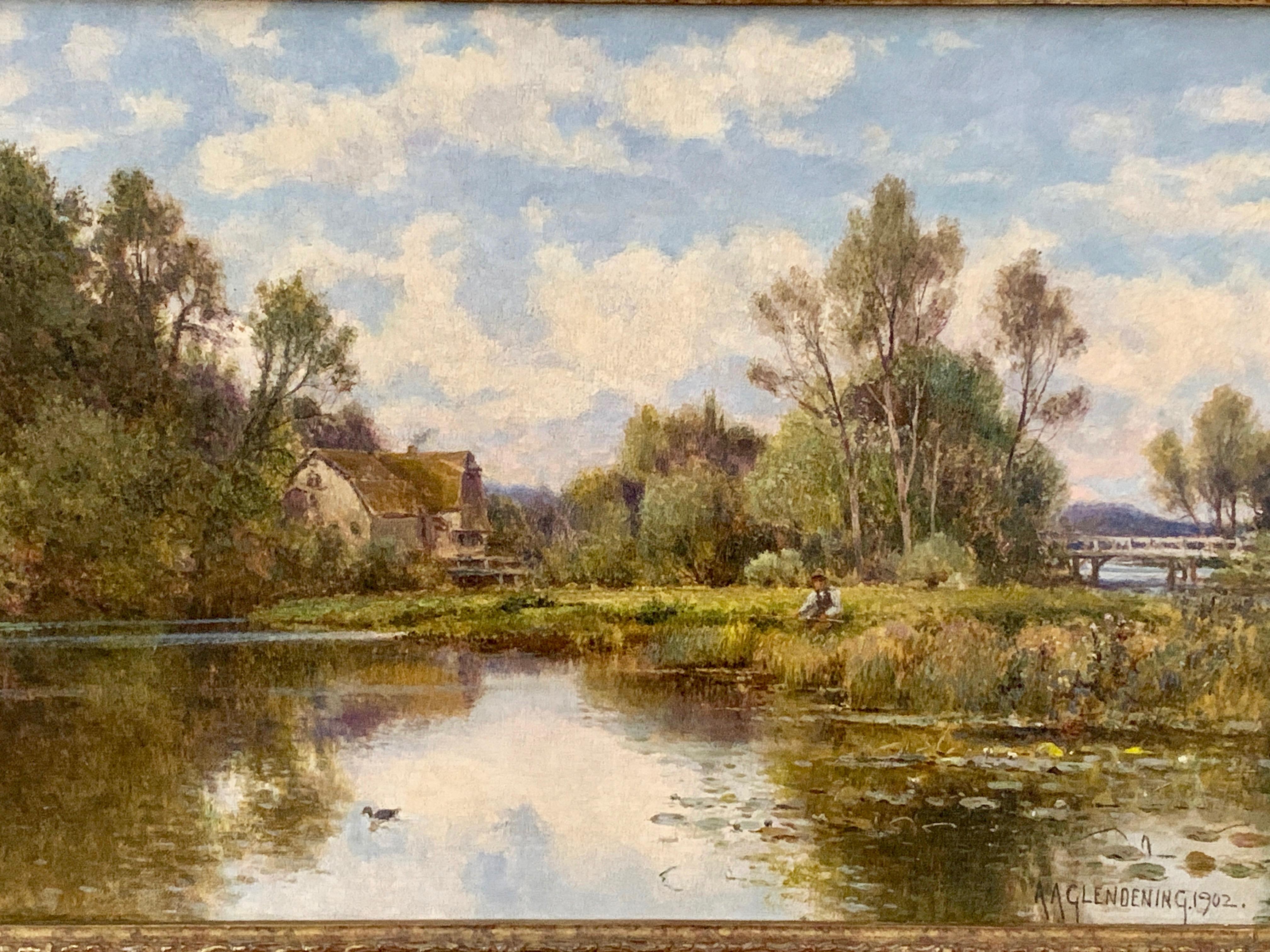 English Victorian River landscape on the Thame at Whitchurch, England - Painting by Alfred Augustus Glendening Snr