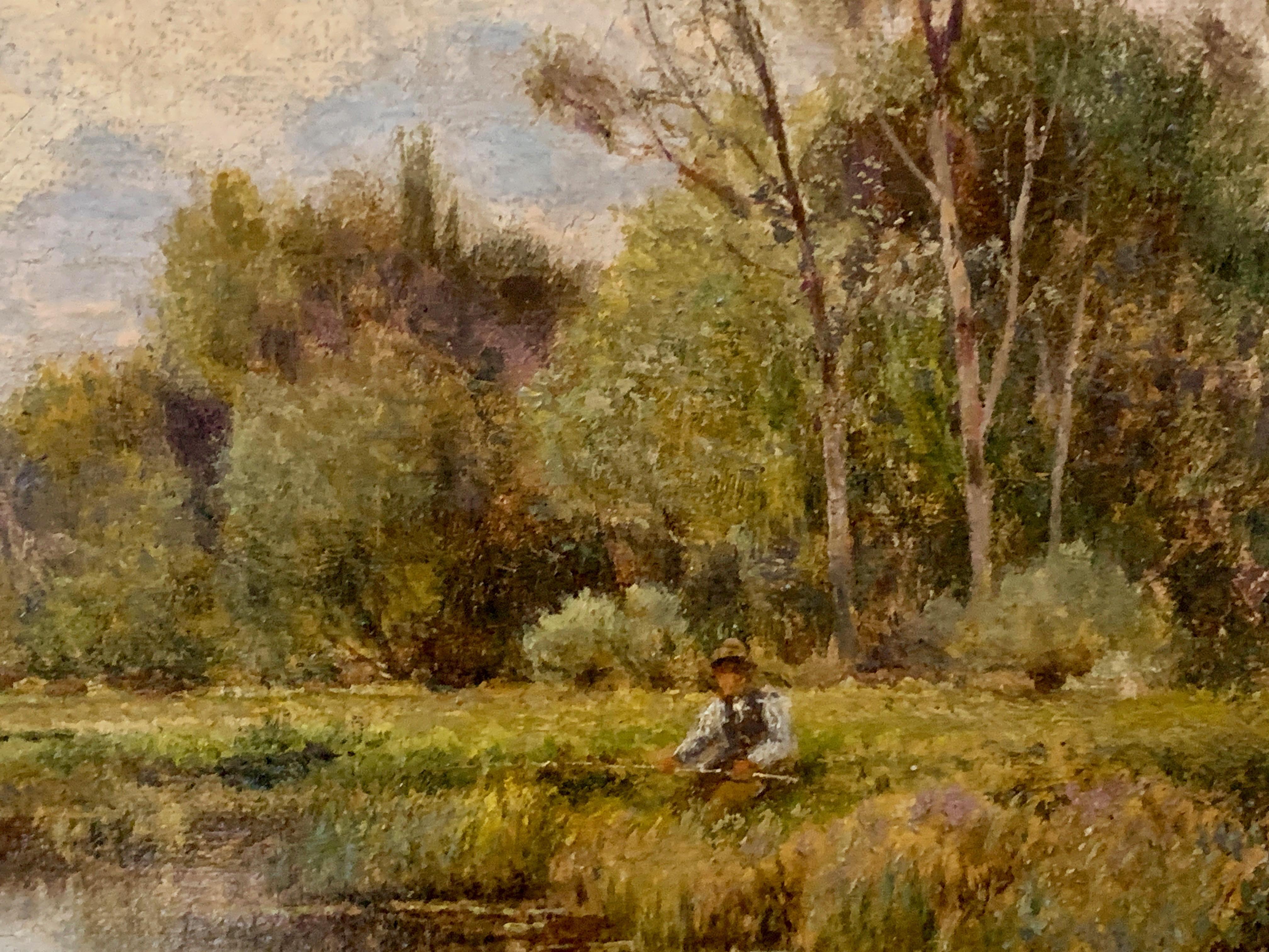 English Victorian River landscape on the Thame at Whitchurch, England - Brown Figurative Painting by Alfred Augustus Glendening Snr