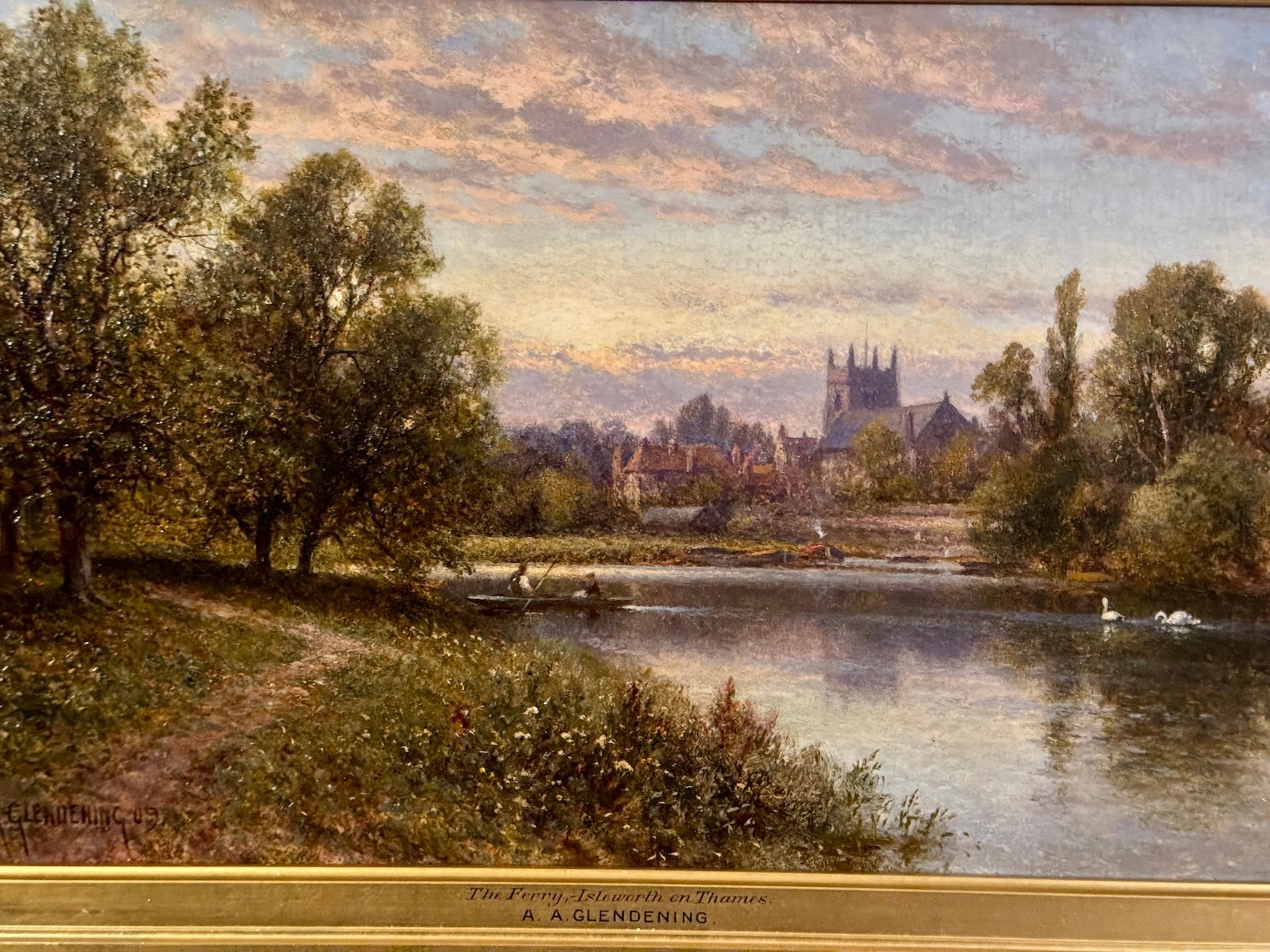 English Victorian River landscape, The Ferry on the Thames at Isleworth - Painting by Alfred Augustus Glendening Snr