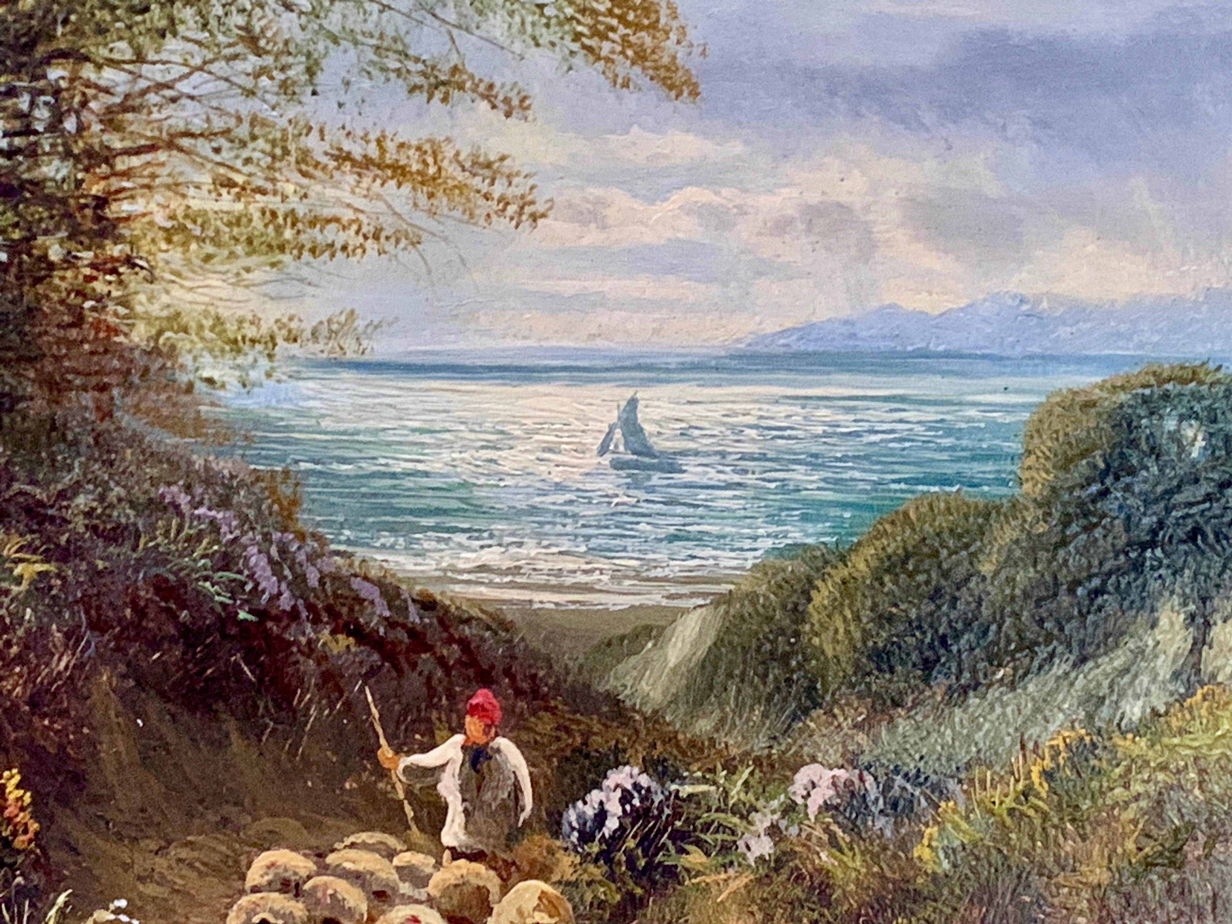 19th century English Victorian Shepherd with his sheep in a landscape by the sea - Brown Landscape Painting by Alfred Augustus Glendening Snr