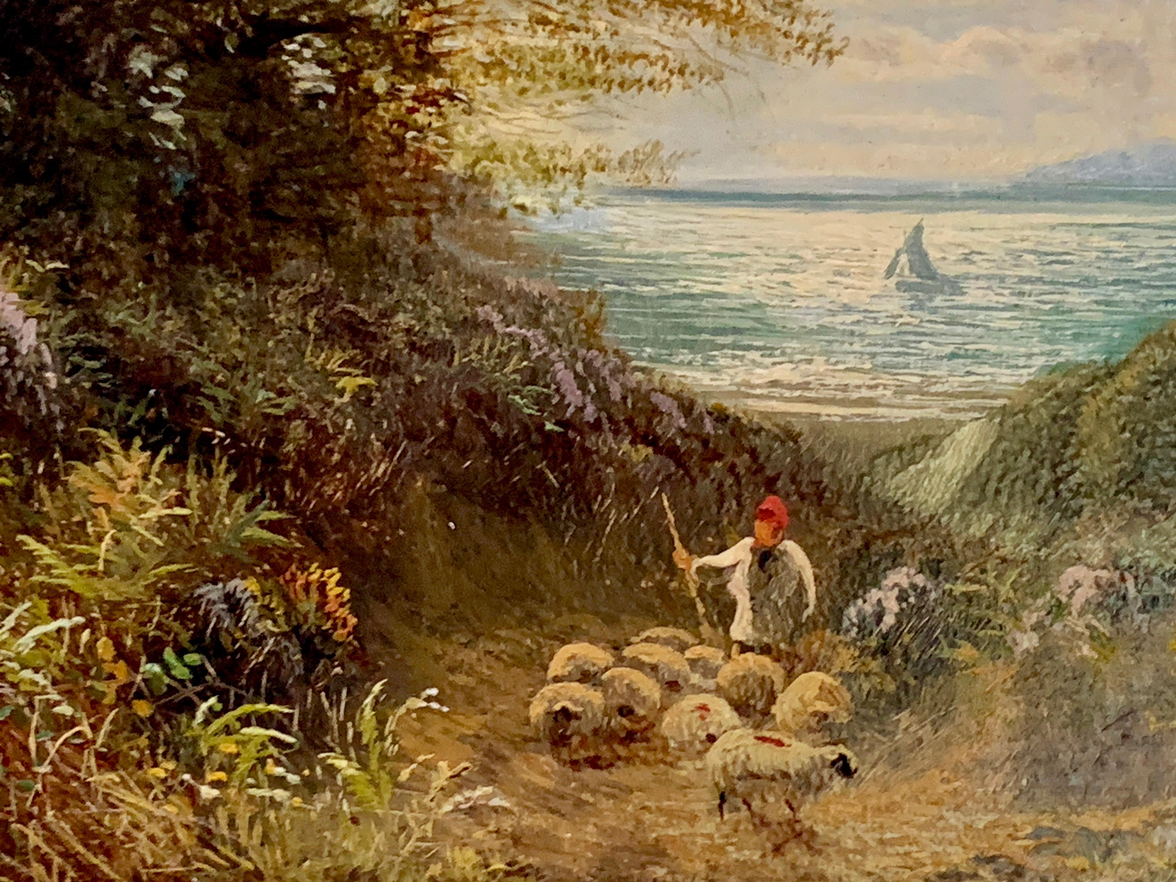 19th century English Victorian Shepherd with his sheep in a landscape by the sea 2