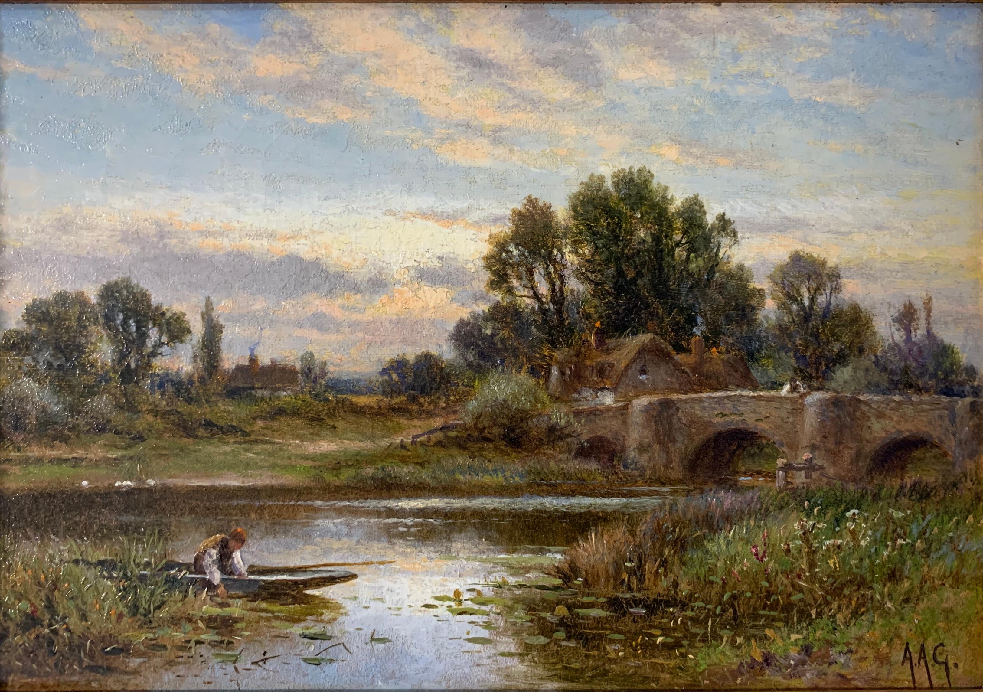 Alfred Augustus Glendening Snr Landscape Painting - Glendening Antique English Sunset  Rowing on The Thames River Oil Painting