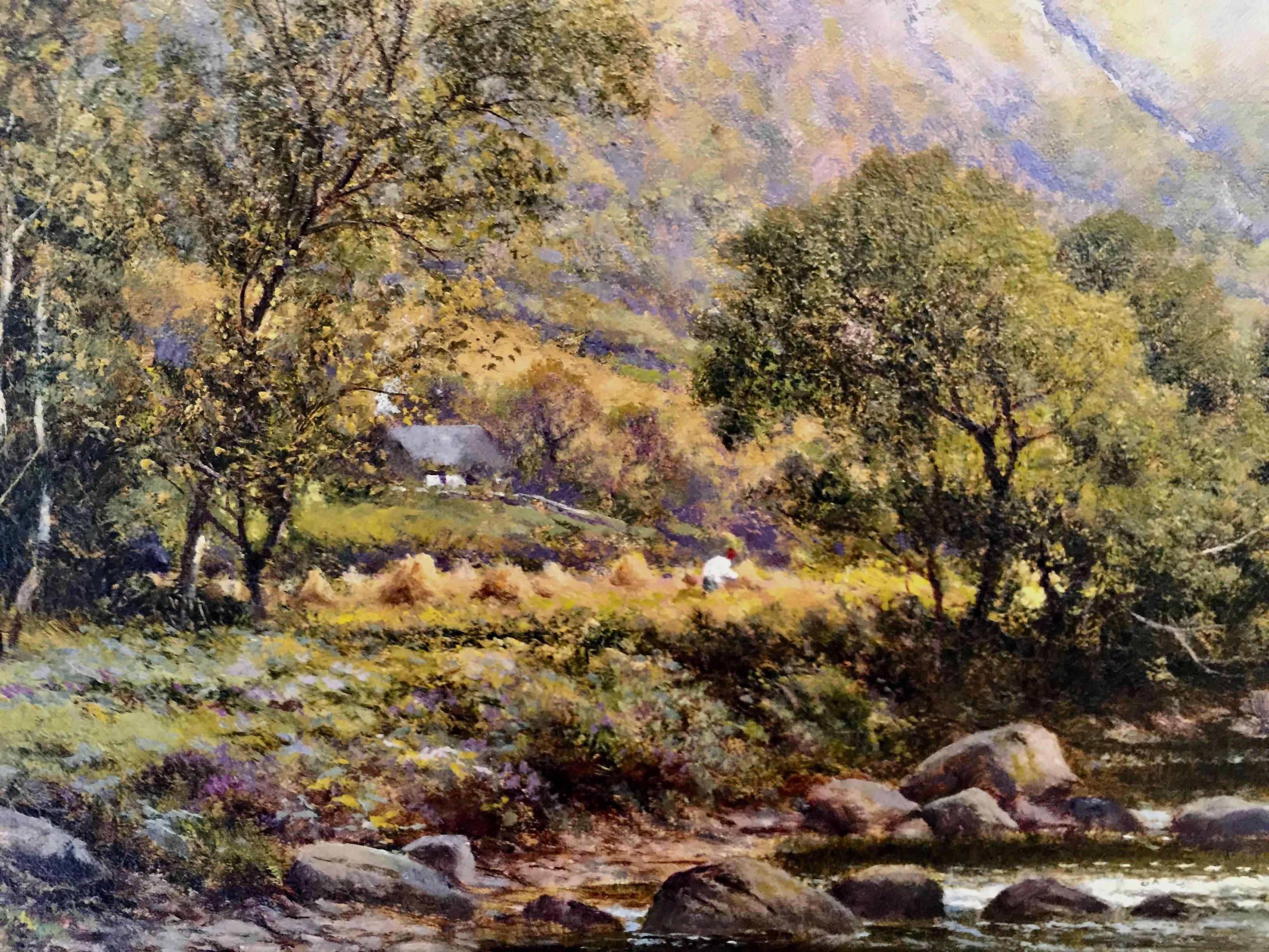  Victorian English or Welsh River landscape with a fisherman and harvest scene. - Painting by Alfred Augustus Glendening Snr