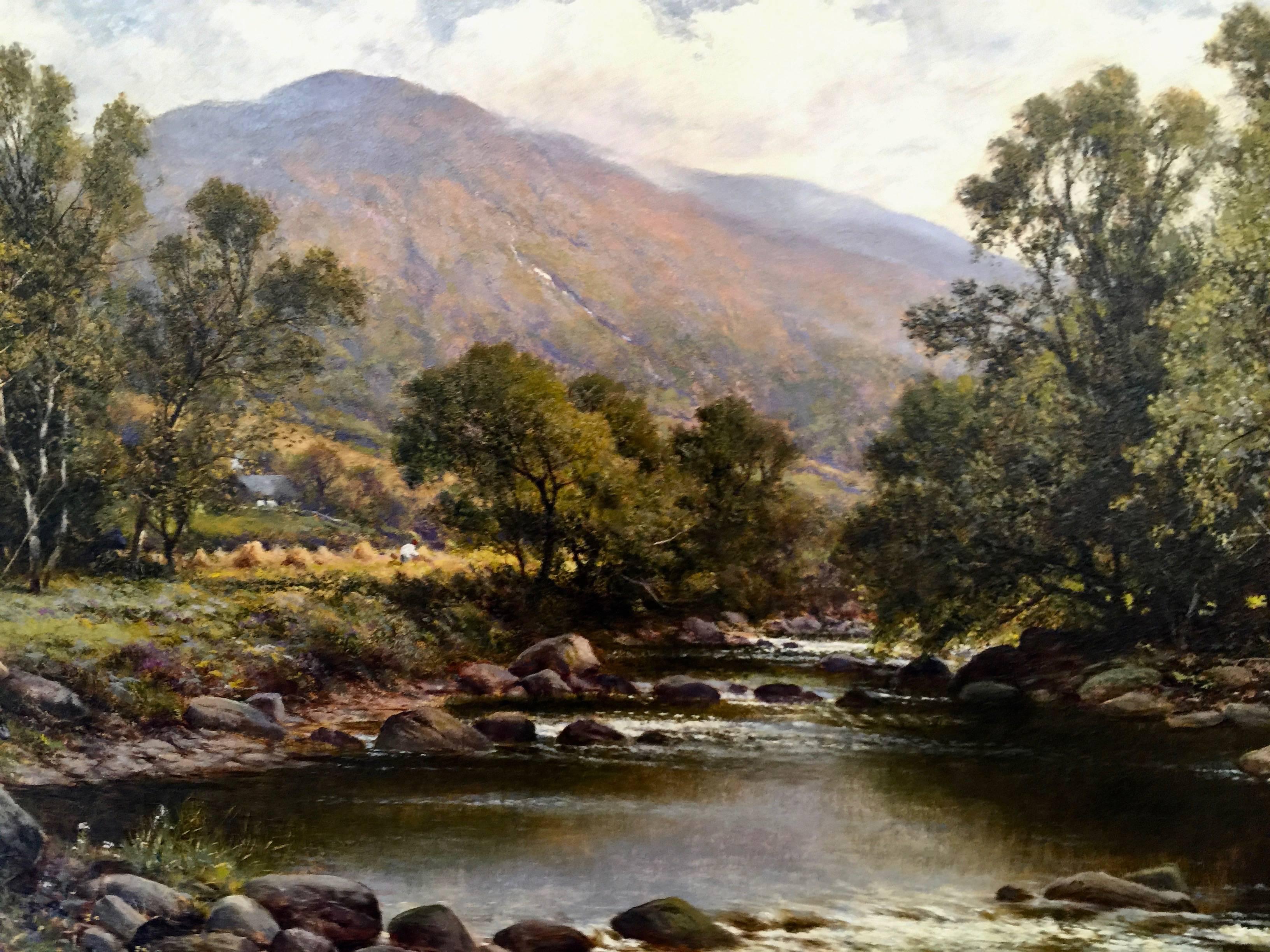 Victorian English or Welsh River landscape with a fisherman and harvest scene. 1