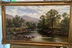 Victorian English or Welsh River landscape with a fisherman and harvest scene.