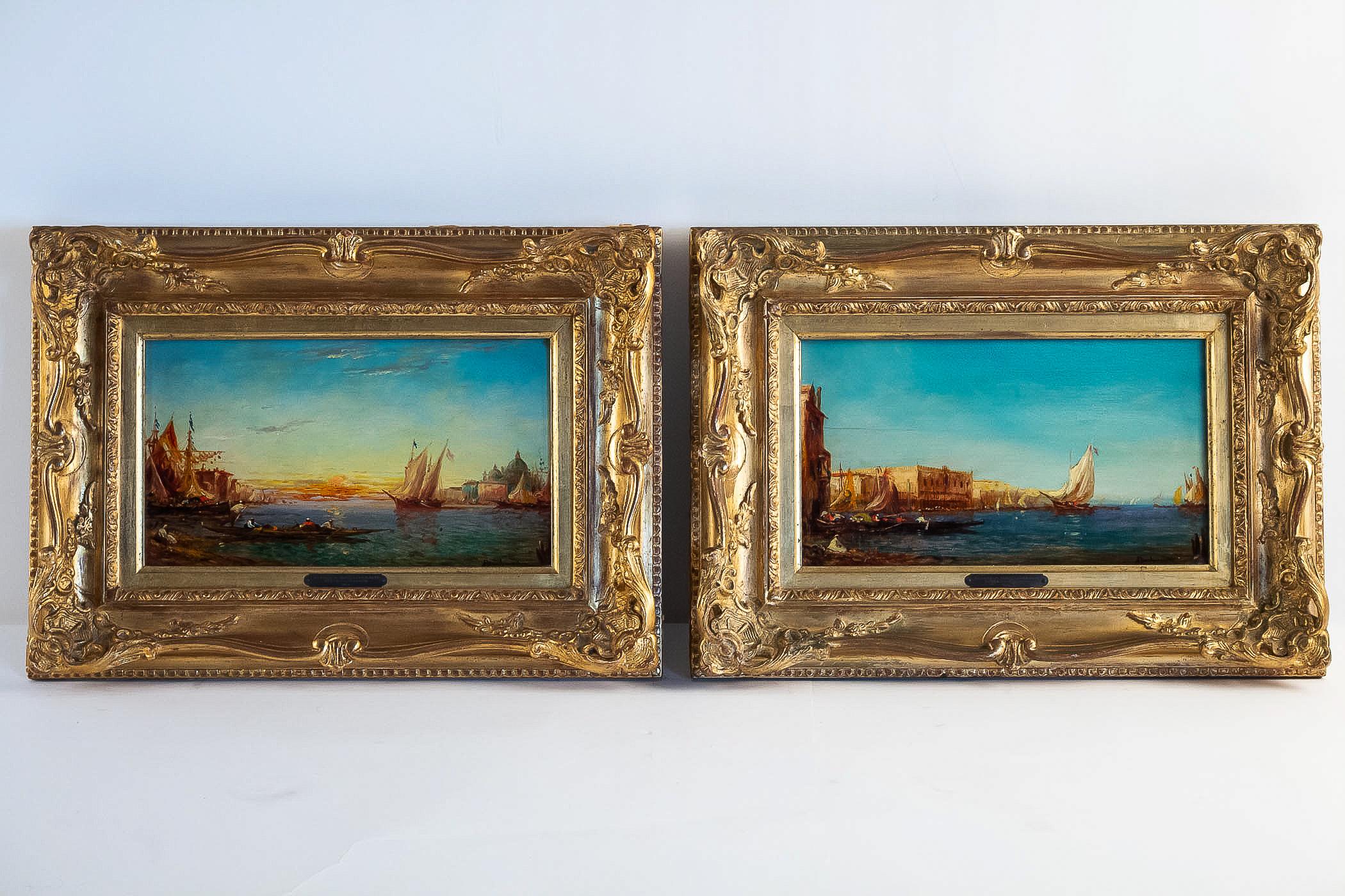 Alfred Bachmann, pair of oil on panel Venice Views, circa 1890-1910

A lovely subject that this excellent German painter offers us, a pair of oils on panels in their original giltwood frames, depicting with a superb palette of colors, two Venice