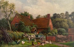 Victorian Style Farmyard Gate Oil Painting, Signed, 12 x 18 Inches