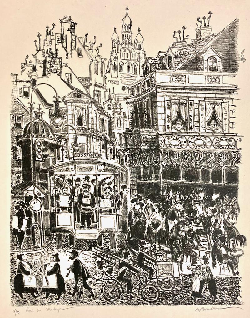 World traveler that he was, Bendiner was clearly at home in Paris. He found everyone fascinating and has made this print a compendium of local characters and types. Nothing escapes his eye -- but he always shows us charm and kindness. 

Here a city