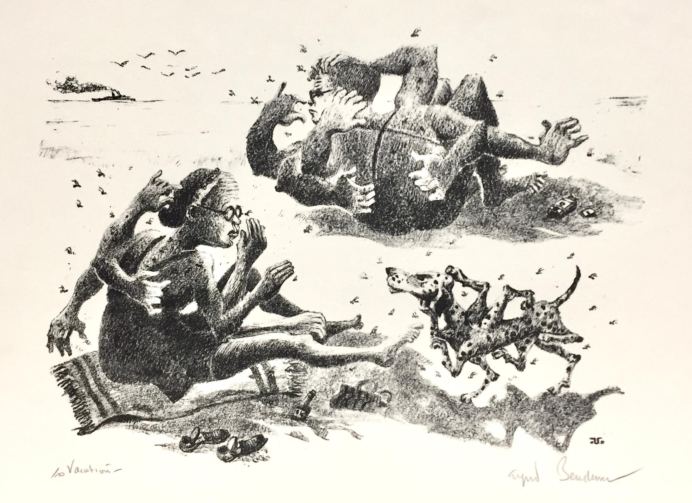 No matter the seriousness (or lack thereof) of the subject, everything is always beautifully drawn on the lithographic stone by Bendiner.

In this 'Day at the Beach' scene Bendiner had drawn himself, his wife, and their dalmation, all sitting on the