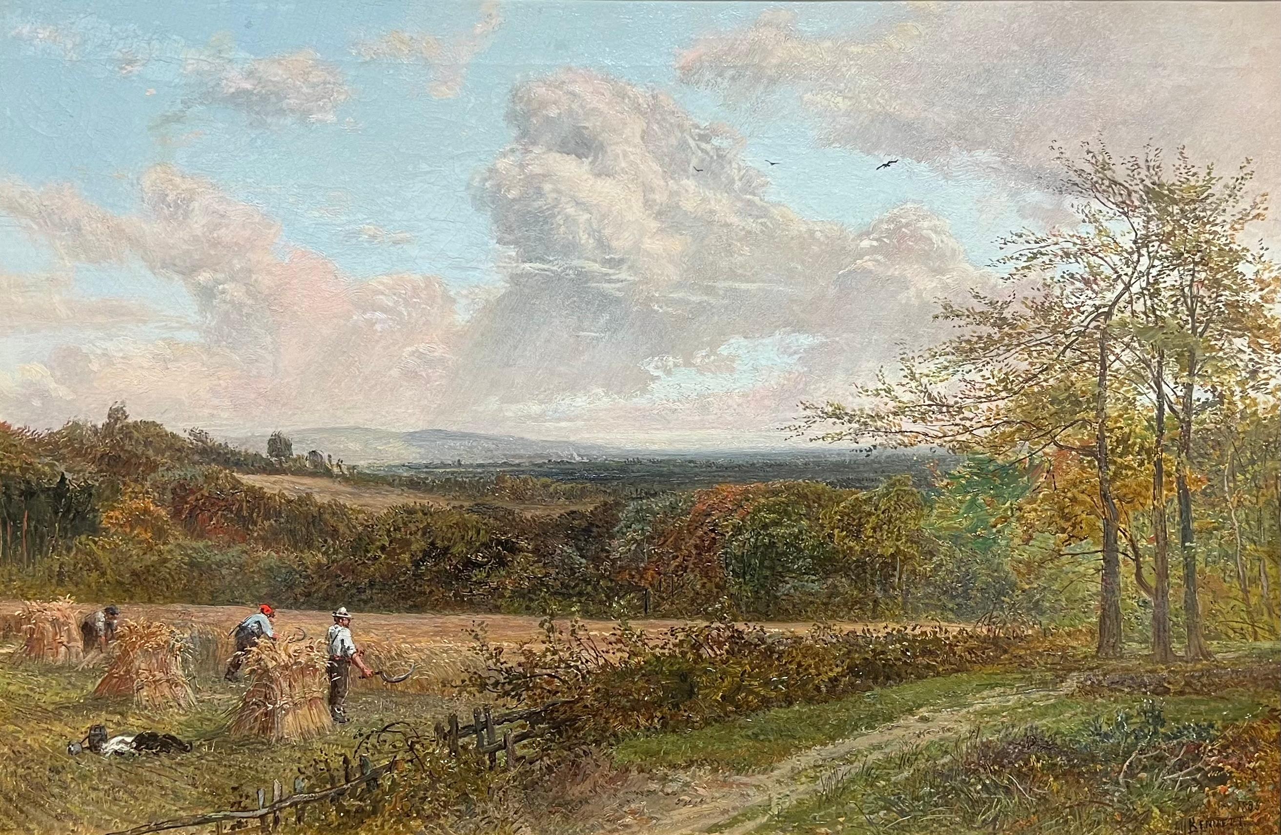 Große viktorianische signierte Öl-Ernte Weizengarbe-Scheifen, ländliche Szene und Figuren, gerahmt – Painting von Alfred Bennet (British, 1861-1916)