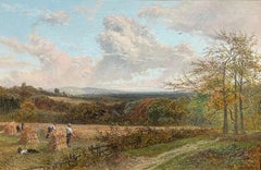 Large Victorian Signed Oil Harvest Wheat Sheaves Rural Scene & Figures framed