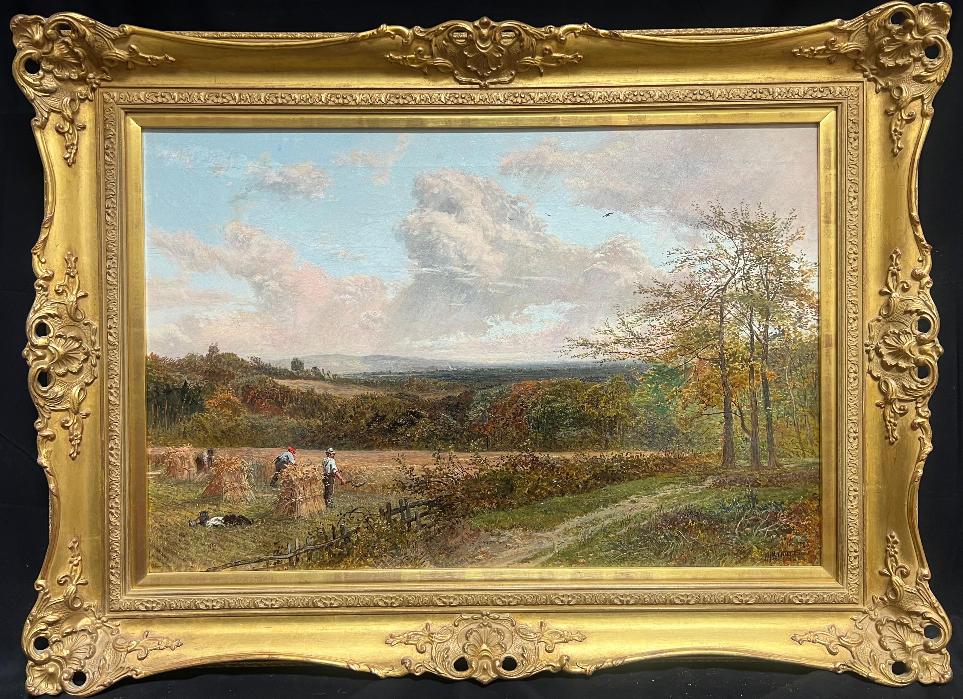 Alfred Bennet (British, 1861-1916) Figurative Painting – Große viktorianische signierte Öl-Ernte Weizengarbe-Scheifen, ländliche Szene und Figuren, gerahmt