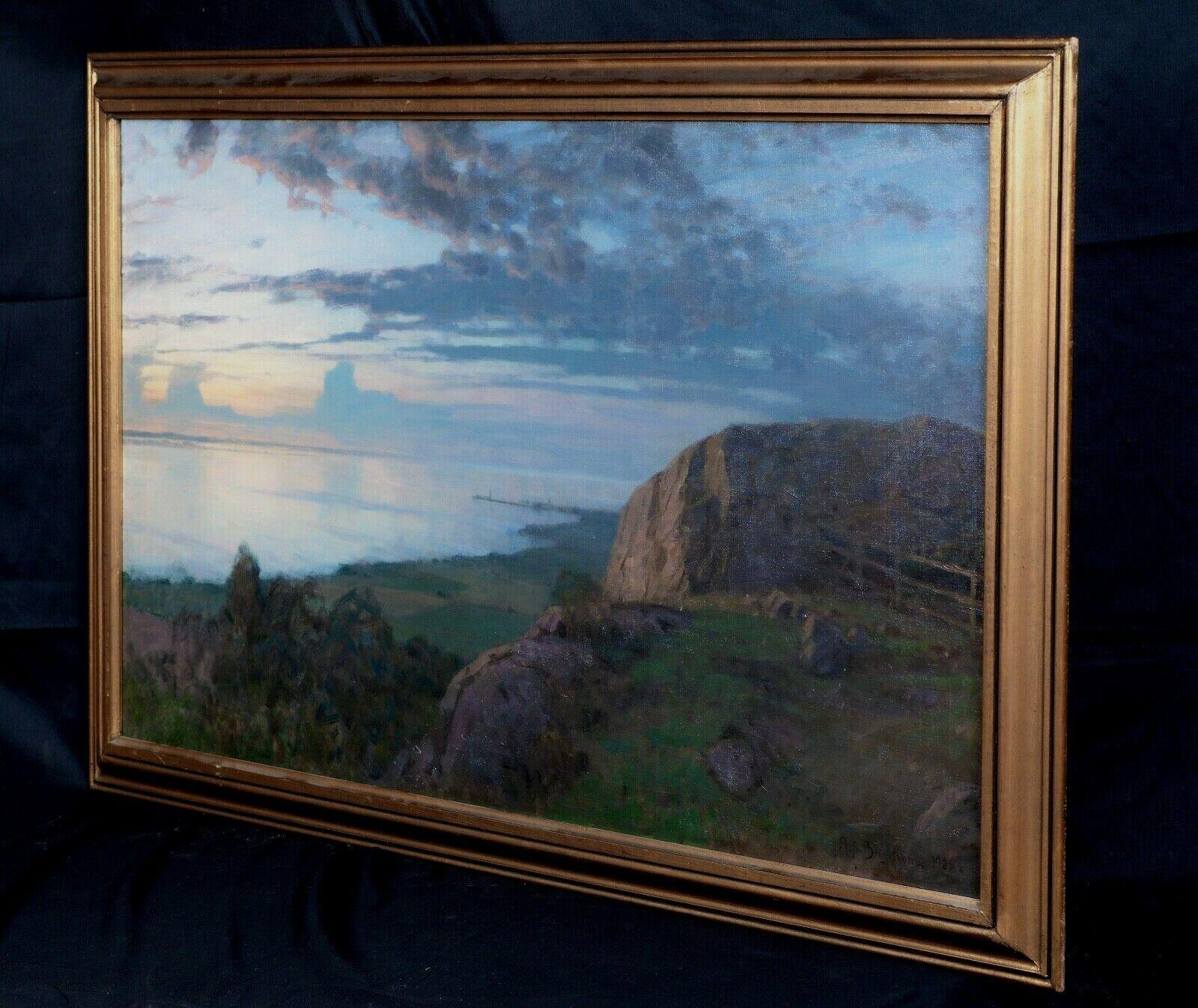 French Coastal Sunset, possibly near Etretat, Le Havre, dated 1928 - Painting by Alfred Bergström
