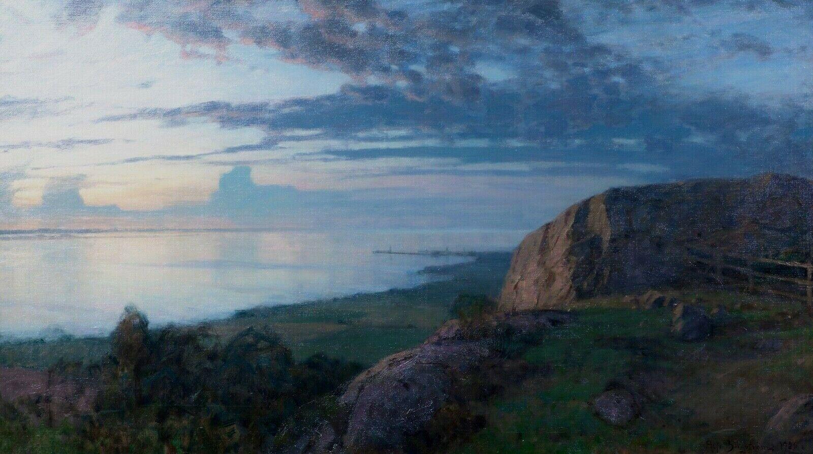 Französisches Coastal-Sonnenset, möglicherweise in der Nähe von Etretat, Le Havre, datiert 1928 (Schwarz), Portrait Painting, von Alfred Bergström