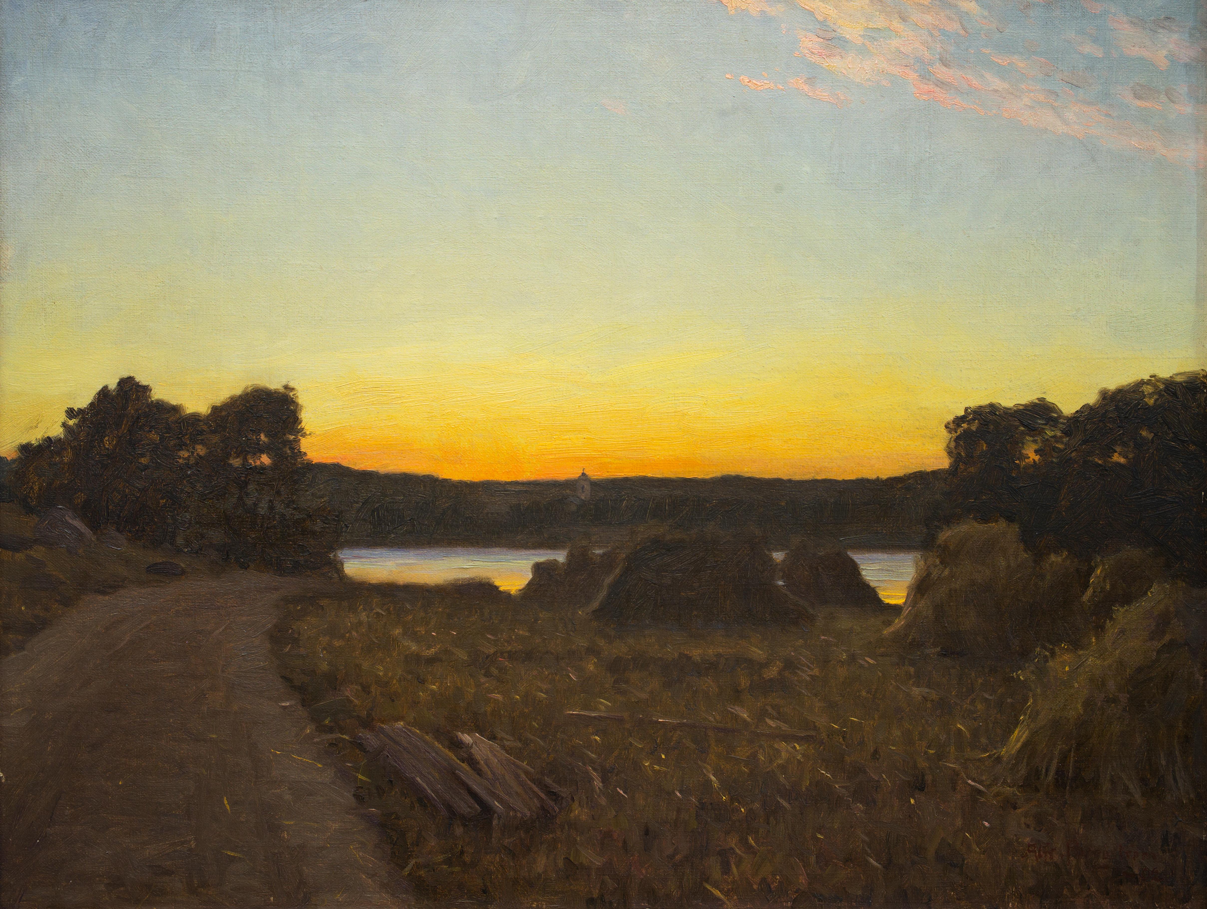 Lever de soleil sur les champs par l'artiste suédois Alfred Bergström, 1902, huile sur toile