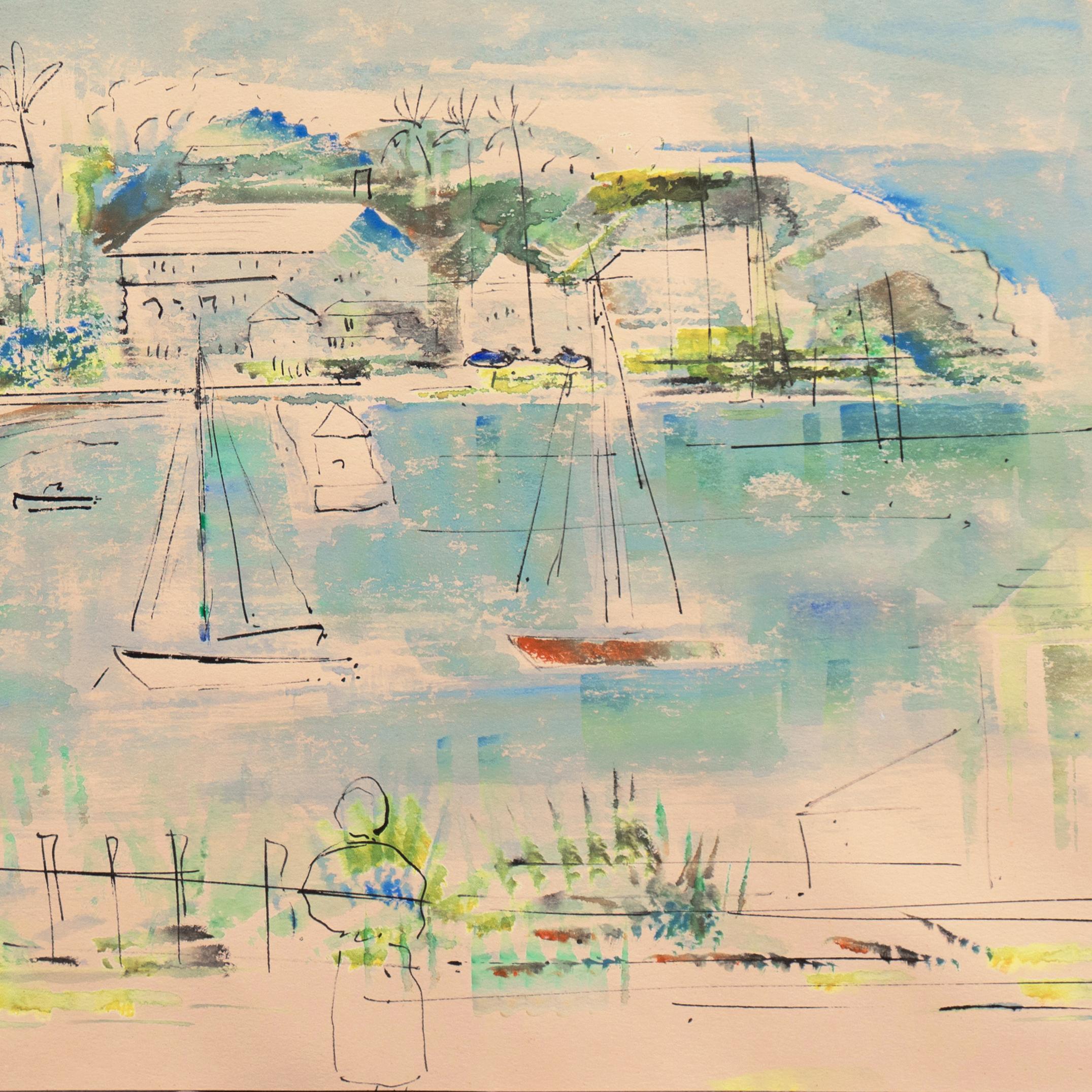 Bahía de las Bermudas', puerto caribeño, Hamilton, St. Georges, Acuarelista de las Bahamas - Painting Posimpresionista de Alfred Birdsey