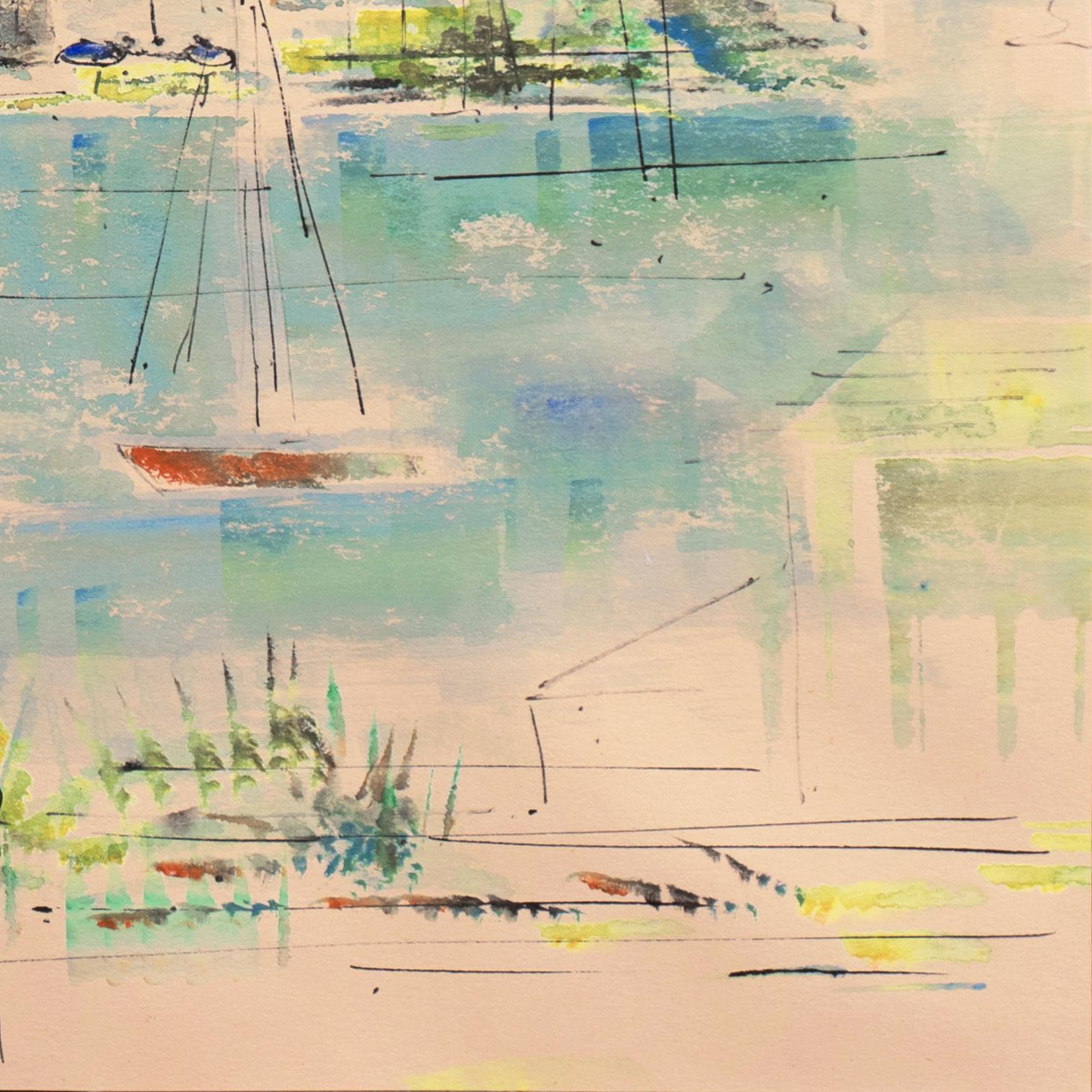 Bahía de las Bermudas', puerto caribeño, Hamilton, St. Georges, Acuarelista de las Bahamas - Landscape Painting Beige de Alfred Birdsey