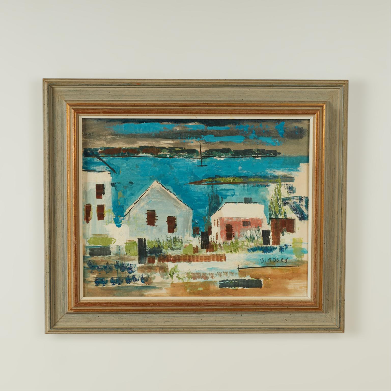 Vintage oil painting on canvas of houses on a bayscape executed in tropical colors with a distinctive modern simplicity. Signed by famed Bermuda artist Birdsey and presented in a bleached wood frame.