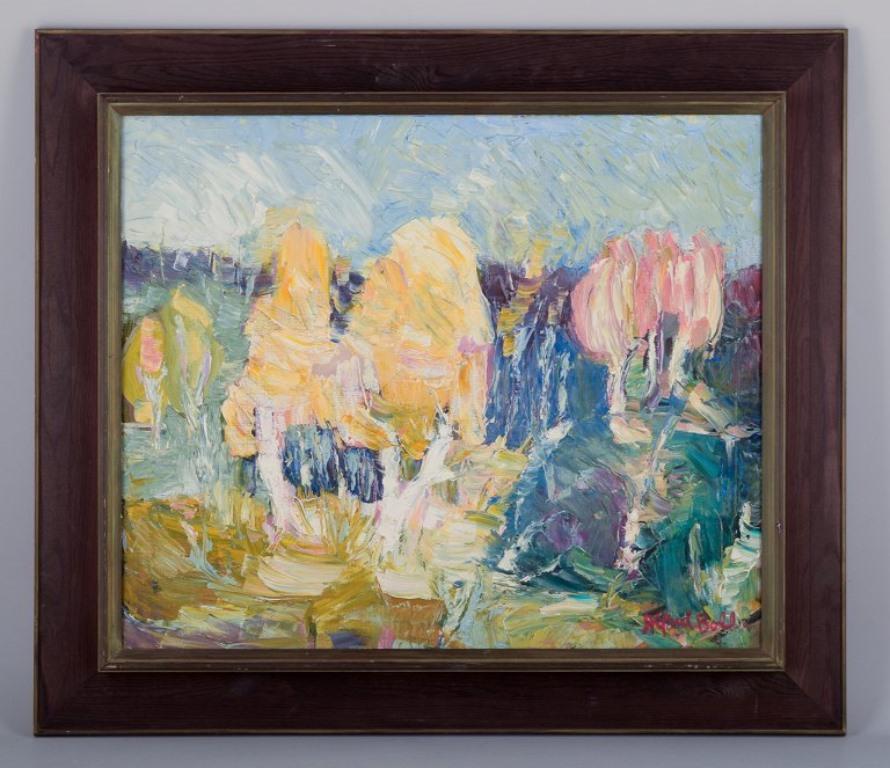 Alfred Boll, Swedish artist.
Oil on canvas. Abstract composition. 
Colouristic palette. Bold brushstrokes.
Signed.
In perfect condition.
Approximately from the 1970s.
Title: 